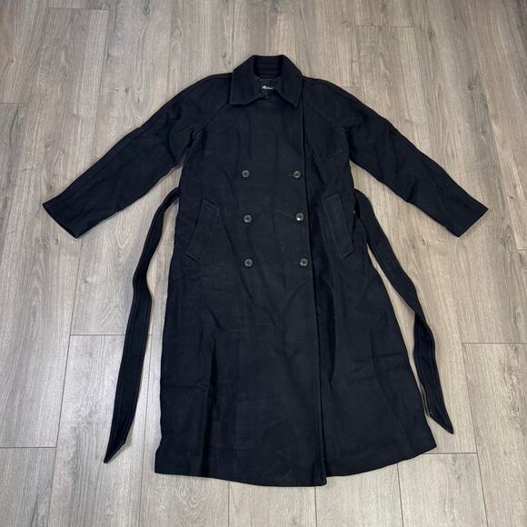 Madewell Double-Breasted Trench Coat Sz XS Black Drapey Wool-Blend Twill Belted - Picture 4 of 10